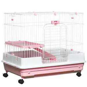 PawHut 2-Level Small Animal Cage Rabbit Hutch with Wheels for Bunny Pink | Removable Tray, Platform and Ramp, for Chinchillas, Ferret PawHut 2-Level Small Animal Cage Rabbit Hutch with Wheels for Bunny Pink | Removable Tray, Platform and Ramp, for Chinchillas, Ferret