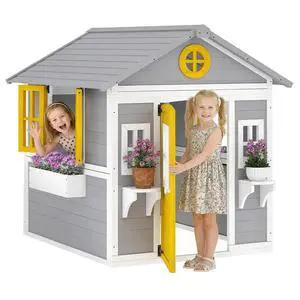 Outdoor Kids Playhouse with Dutch Door for Toddlers 3-8 Gray | Wooden, Windows, Flower Holders and Boxes, Cottage Play House, Backyard Outdoor Kids Playhouse with Dutch Door for Toddlers 3-8 Gray | Wooden, Windows, Flower Holders and Boxes, Cottage Play House, Backyard