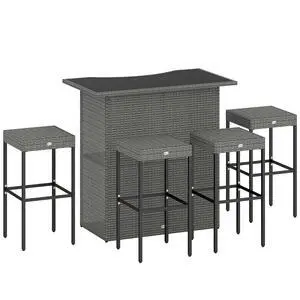 5 Piece Wicker Outdoor Bar Set with Glass Table Top Dark Gray | High Top Outdoor Table and Chairs, Height Patio Set, 2 Tier Storage Shelf, 4 Bar Stools, for Garden, Poolside 5 Piece Wicker Outdoor Bar Set with Glass Table Top Dark Gray | High Top Outdoor Table and Chairs, Height Patio Set, 2 Tier Storage Shelf, 4 Bar Stools, for Garden, Poolside