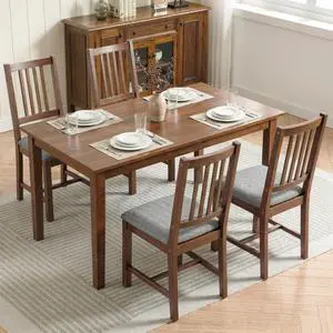 Wooden Dining Chairs Set of 4 with Slat Backrest, Farmhouse, Walnut | Upholstered Kitchen Chairs, Rubberwood Legs and Padded Seat for Dining Room, Living Room Wooden Dining Chairs Set of 4 with Slat Backrest, Farmhouse, Walnut | Upholstered Kitchen Chairs, Rubberwood Legs and Padded Seat for Dining Room, Living Room