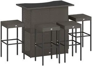 5 Pcs Rattan Wicker Bar Set, High Top Outdoor Table and Chairs, Bar Height Patio Set with Glass Table Top 2 Tier Storage Shelf, and 4 Bar Stools for Garden, Poolside, Dark Brown 5 Pcs Rattan Wicker Bar Set, High Top Outdoor Table and Chairs, Bar Height Patio Set with Glass Table Top 2 Tier Storage Shelf, and 4 Bar Stools for Garden, Poolside, Dark Brown