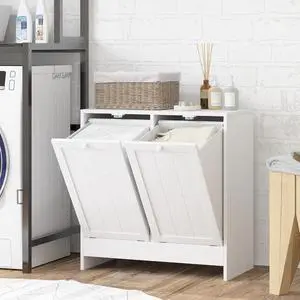 kleankin Double Tilt Out Laundry Hamper Cabinet with Storage 2 Doors White | 19 Gallon Hidden Trash Can Cabinet, for Bathroom, Kitchen kleankin Double Tilt Out Laundry Hamper Cabinet with Storage 2 Doors White | 19 Gallon Hidden Trash Can Cabinet, for Bathroom, Kitchen