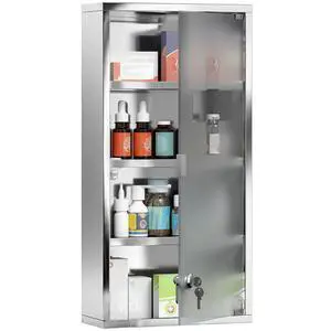 Wall Mounted Medicine Cabinet Lockable Wall Cabinet Silver 12" x 24" | 4 Tier Shelves, Stainless Steel Frame, Glass Door, 2 Keys Wall Mounted Medicine Cabinet Lockable Wall Cabinet Silver 12" x 24" | 4 Tier Shelves, Stainless Steel Frame, Glass Door, 2 Keys