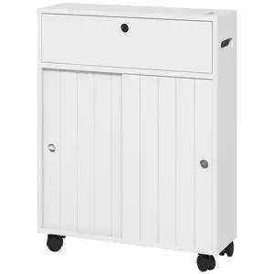 kleankin Slim Bathroom Cabinet, Rolling Toilet Paper Cabinet, White | Small Bathroom Storage Unit, with 4 Wheels, Paper Holes, Sliding Doors, Adjustable Shelf, for Small Space kleankin Slim Bathroom Cabinet, Rolling Toilet Paper Cabinet, White | Small Bathroom Storage Unit, with 4 Wheels, Paper Holes, Sliding Doors, Adjustable Shelf, for Small Space