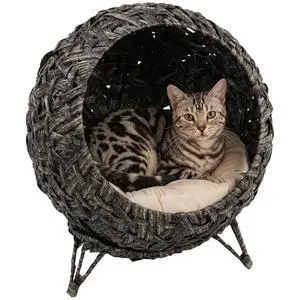 PawHut Rattan Cat Bed Elevated Handwoven Cat Basket Bed for Kittens Gray | Soft Cushion, Metal Base, Indoor Kitty Furniture, Breathable PawHut Rattan Cat Bed Elevated Handwoven Cat Basket Bed for Kittens Gray | Soft Cushion, Metal Base, Indoor Kitty Furniture, Breathable