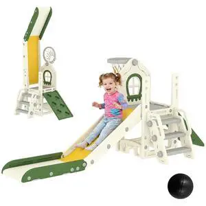 Qaba Toddler Slide Foldable 5 in 1 with Climber 1-3 Years Old Cream White | Kids Indoor Playset, Basketball Hoop, Storage Space and Basketball, Toddler Playground Qaba Toddler Slide Foldable 5 in 1 with Climber 1-3 Years Old Cream White | Kids Indoor Playset, Basketball Hoop, Storage Space and Basketball, Toddler Playground