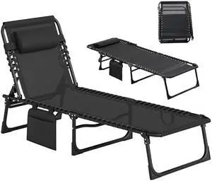 Folding Chaise Lounge Chair Outdoor Side Pocket Headrest Black | Tanning Chair, Carrying Strap, Portable Patio Beach Lounger, 5-Position Reclining Back, Pool Camping Yard Folding Chaise Lounge Chair Outdoor Side Pocket Headrest Black | Tanning Chair, Carrying Strap, Portable Patio Beach Lounger, 5-Position Reclining Back, Pool Camping Yard