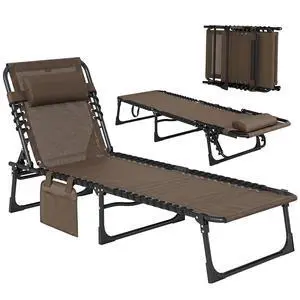 Folding Chaise Lounge Chair Outdoor Side Pocket Headrest Brown | Tanning Chair, Carrying Strap, Portable Patio Beach Lounger, 5-Position Reclining Back, Pool Camping Yard Folding Chaise Lounge Chair Outdoor Side Pocket Headrest Brown | Tanning Chair, Carrying Strap, Portable Patio Beach Lounger, 5-Position Reclining Back, Pool Camping Yard