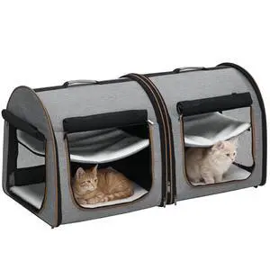 PawHut 39" Portable Soft-Sided Cat Carrier, Two Compartments, Light Gray | Cat Kennel, Travel Dog Crate with Divider, Soft Cushions & Storage Bag, Easy to Fold PawHut 39" Portable Soft-Sided Cat Carrier, Two Compartments, Light Gray | Cat Kennel, Travel Dog Crate with Divider, Soft Cushions & Storage Bag, Easy to Fold