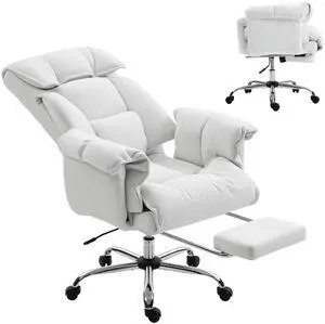Executive Office Chair Comfy with Foot Rest Reclining Cream White | Swivel Computer Desk Chair, High Folding Back, Thick Cushion, Padded Armrest, Adjustable Height, Rolling Wheels Executive Office Chair Comfy with Foot Rest Reclining Cream White | Swivel Computer Desk Chair, High Folding Back, Thick Cushion, Padded Armrest, Adjustable Height, Rolling Wheels