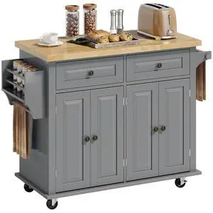 Kitchen Island Cart with Solid Wood Top 44" Mobile Gray | Kitchen Island Table, on Wheels, Storage Cabinets, 2 Drawers, Adjustable Shelves, Spice Rack & Towel Bar, for Dining Room Kitchen Island Cart with Solid Wood Top 44" Mobile Gray | Kitchen Island Table, on Wheels, Storage Cabinets, 2 Drawers, Adjustable Shelves, Spice Rack & Towel Bar, for Dining Room