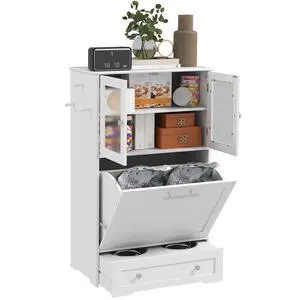 PawHut Dog Feeding Station, 2 Storage Cabinets, Elevated Dog Bowls, White | Side Hooks, Anti-tip Kit, Hidden Pet Feeder Station for Feeding & Watering PawHut Dog Feeding Station, 2 Storage Cabinets, Elevated Dog Bowls, White | Side Hooks, Anti-tip Kit, Hidden Pet Feeder Station for Feeding & Watering
