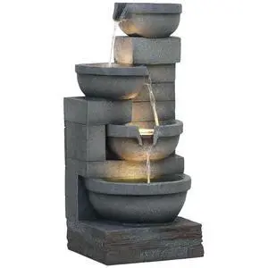 30" Tall Outdoor Waterfall Fountain with LED Lights, 4-Tier, Gray | Resin Cascading Water Bowls, with Pump 30" Tall Outdoor Waterfall Fountain with LED Lights, 4-Tier, Gray | Resin Cascading Water Bowls, with Pump