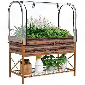 Raised Garden Bed with Cover and Storage Shelf, Dark Brown | Rectangular Metal Elevated Planter Box with Legs, Bed Liner, for Vegetables, Flowers, Herbs Raised Garden Bed with Cover and Storage Shelf, Dark Brown | Rectangular Metal Elevated Planter Box with Legs, Bed Liner, for Vegetables, Flowers, Herbs