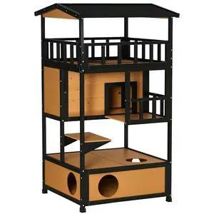 PawHut 3-Story Wooden Outdoor Cat House w/Raised Floor, 5 Doors Yellow | Feral Cat Shelter Condo, Waterproof Asphalt Roof, Escape Entrances & Jumping Platforms PawHut 3-Story Wooden Outdoor Cat House w/Raised Floor, 5 Doors Yellow | Feral Cat Shelter Condo, Waterproof Asphalt Roof, Escape Entrances & Jumping Platforms