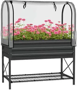 Raised Garden Bed with Cover and Storage Shelf, Black | Rectangular Metal Elevated Planter Box with Legs, Bed Liner, for Vegetables, Flowers, Herbs Raised Garden Bed with Cover and Storage Shelf, Black | Rectangular Metal Elevated Planter Box with Legs, Bed Liner, for Vegetables, Flowers, Herbs