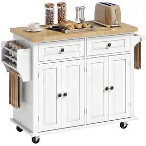 Kitchen Island Cart with Solid Wood Top, 44" Mobile on Wheels White | Kitchen Island Table, Storage Cabinets, 2 Drawers, Adjustable Shelves, Spice Rack, Towel Bar, Dining Room Kitchen Island Cart with Solid Wood Top, 44" Mobile on Wheels White | Kitchen Island Table, Storage Cabinets, 2 Drawers, Adjustable Shelves, Spice Rack, Towel Bar, Dining Room