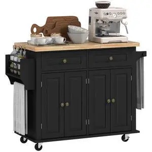 Kitchen Island Cart with Solid Wood Top, 44" Mobile on Wheels, Black | Kitchen Island Table, Storage Cabinets, 2 Drawers, Adjustable Shelves, Spice Rack, Towel Bar, Dining Room Kitchen Island Cart with Solid Wood Top, 44" Mobile on Wheels, Black | Kitchen Island Table, Storage Cabinets, 2 Drawers, Adjustable Shelves, Spice Rack, Towel Bar, Dining Room
