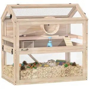 PawHut Wooden Hamster Cage for Small Gerbil, Mice 30" x 18" x 30" | 3-Tier Small Animal Cage, Hut, Seesaw, Ramps, Exercise Wheel, Acrylic Panel, Bottom Tray, Dwarf Hamster Habitat PawHut Wooden Hamster Cage for Small Gerbil, Mice 30" x 18" x 30" | 3-Tier Small Animal Cage, Hut, Seesaw, Ramps, Exercise Wheel, Acrylic Panel, Bottom Tray, Dwarf Hamster Habitat