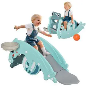 Qaba 3-in-1 Kids Portable Slide Rocking Horse Toy for Age 1.5-3 Mint Green | with Basketball Hoop, for Boys and Girls Qaba 3-in-1 Kids Portable Slide Rocking Horse Toy for Age 1.5-3 Mint Green | with Basketball Hoop, for Boys and Girls