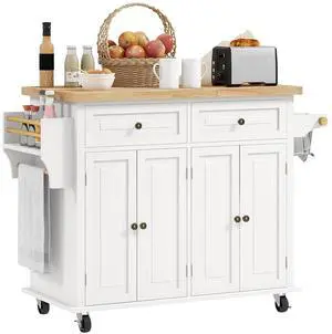 Kitchen Island Cart Solid Wood Top 44" Mobile 2 Drawers Cream White | Kitchen Island Table, on Wheels, Storage Cabinets, 2 Drawers, Adjustable Shelves, Spice Rack & Towel Bar, for Dining Room Kitchen Island Cart Solid Wood Top 44" Mobile 2 Drawers Cream White | Kitchen Island Table, on Wheels, Storage Cabinets, 2 Drawers, Adjustable Shelves, Spice Rack & Towel Bar, for Dining Room