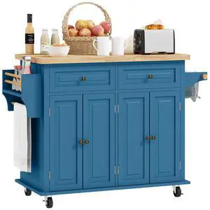 Kitchen Island Cart with Solid Wood Top 44" Mobile Turquoise | Kitchen Island Table, on Wheels, Storage Cabinets, 2 Drawers, Adjustable Shelves, Spice Rack & Towel Bar, for Dining Room Kitchen Island Cart with Solid Wood Top 44" Mobile Turquoise | Kitchen Island Table, on Wheels, Storage Cabinets, 2 Drawers, Adjustable Shelves, Spice Rack & Towel Bar, for Dining Room