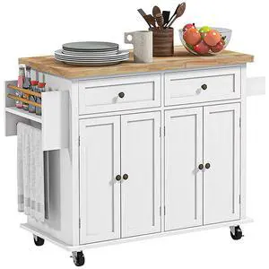 Kitchen Island Cart with Solid Wood Top 44" Mobile Distressed White | Kitchen Island Table, on Wheels, Storage Cabinets, 2 Drawers, Adjustable Shelves, Spice Rack & Towel Bar, for Dining Room Kitchen Island Cart with Solid Wood Top 44" Mobile Distressed White | Kitchen Island Table, on Wheels, Storage Cabinets, 2 Drawers, Adjustable Shelves, Spice Rack & Towel Bar, for Dining Room