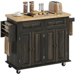 Kitchen Island Cart with Solid Wood Top 44" Mobile Brown Oak | Kitchen Island Table, on Wheels, Storage Cabinets, 2 Drawers, Adjustable Shelves, Spice Rack & Towel Bar, for Dining Room Kitchen Island Cart with Solid Wood Top 44" Mobile Brown Oak | Kitchen Island Table, on Wheels, Storage Cabinets, 2 Drawers, Adjustable Shelves, Spice Rack & Towel Bar, for Dining Room