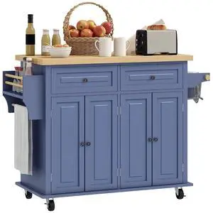 Kitchen Island Cart with Solid Wood Top 44" Mobile Navy Blue | Kitchen Island Table, on Wheels, Storage Cabinets, 2 Drawers, Adjustable Shelves, Spice Rack & Towel Bar, for Dining Room Kitchen Island Cart with Solid Wood Top 44" Mobile Navy Blue | Kitchen Island Table, on Wheels, Storage Cabinets, 2 Drawers, Adjustable Shelves, Spice Rack & Towel Bar, for Dining Room