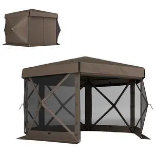 12' x 12' Hexagonal Pop Up Gazebo Tent Waterproof Brown | 5 Sidewalls, Portable Outdoor Canopy Shelter, Curtains, Carry Bag, 5 Ropes, 11 Stakes, Camping Garden Patio 12' x 12' Hexagonal Pop Up Gazebo Tent Waterproof Brown | 5 Sidewalls, Portable Outdoor Canopy Shelter, Curtains, Carry Bag, 5 Ropes, 11 Stakes, Camping Garden Patio
