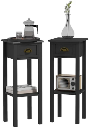 Narrow End Table with Drawer and Bottom Shelf Set of 2 Black | Tall Telephone Table, Skinny Modern Design, for Small Spaces, Living Room Narrow End Table with Drawer and Bottom Shelf Set of 2 Black | Tall Telephone Table, Skinny Modern Design, for Small Spaces, Living Room