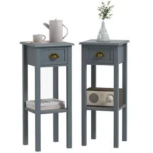 Narrow End Table with Drawer and Bottom Shelf Set of 2 Gray | Tall Telephone Table, Skinny Modern Design, for Small Spaces, Living Room Narrow End Table with Drawer and Bottom Shelf Set of 2 Gray | Tall Telephone Table, Skinny Modern Design, for Small Spaces, Living Room