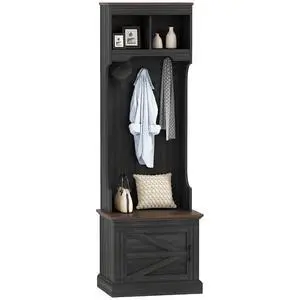 3-in-1 Hall Tree with Shoe Storage, Shoe Bench, Black Wood Grain | Standing Coat Rack, Entryway Furniture, Three Hooks 3-in-1 Hall Tree with Shoe Storage, Shoe Bench, Black Wood Grain | Standing Coat Rack, Entryway Furniture, Three Hooks