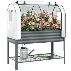 Galvanised Raised Garden Bed with Greenhouse Cover, Dark Gray | Metal Elevated Garden Bed with Legs, Bed Liner, Bottom Shelf, Outdoor Raised Planter Box for Vegetables, Herbs, Flowers Galvanised Raised Garden Bed with Greenhouse Cover, Dark Gray | Metal Elevated Garden Bed with Legs, Bed Liner, Bottom Shelf, Outdoor Raised Planter Box for Vegetables, Herbs, Flowers