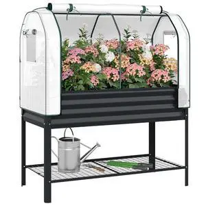 Galvanised Raised Garden Bed with Greenhouse Cover, Black | Metal Elevated Garden Bed with Legs, Bed Liner, Bottom Shelf, Outdoor Raised Planter Box for Vegetables, Herbs, Flowers Galvanised Raised Garden Bed with Greenhouse Cover, Black | Metal Elevated Garden Bed with Legs, Bed Liner, Bottom Shelf, Outdoor Raised Planter Box for Vegetables, Herbs, Flowers