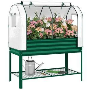 Galvanised Raised Garden Bed with Greenhouse Cover, Green | Metal Elevated Garden Bed with Legs, Bed Liner, Bottom Shelf, Outdoor Raised Planter Box for Vegetables, Herbs, Flowers Galvanised Raised Garden Bed with Greenhouse Cover, Green | Metal Elevated Garden Bed with Legs, Bed Liner, Bottom Shelf, Outdoor Raised Planter Box for Vegetables, Herbs, Flowers