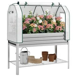 Galvanised Raised Garden Bed with Greenhouse Cover, Silver | Metal Elevated Garden Bed with Legs, Bed Liner, Bottom Shelf, Outdoor Raised Planter Box for Vegetables, Herbs, Flowers Galvanised Raised Garden Bed with Greenhouse Cover, Silver | Metal Elevated Garden Bed with Legs, Bed Liner, Bottom Shelf, Outdoor Raised Planter Box for Vegetables, Herbs, Flowers