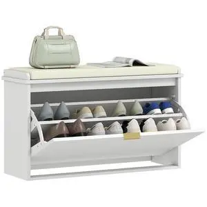 Narrow Shoe Bench with Padded Cushion 31.5x10.2x18.7 Inches White | Shoe Storage Cabinet, Flip-Drawer, Adjustable Shelf, Small Entryway Bench, Holds up to 265lb Narrow Shoe Bench with Padded Cushion 31.5x10.2x18.7 Inches White | Shoe Storage Cabinet, Flip-Drawer, Adjustable Shelf, Small Entryway Bench, Holds up to 265lb