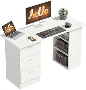 Computer Desk with Drawers, 47" Home Office Desk with Storage, White | 3-Tier Shelves, 3 Reversible Drawers, Study Table, for Bedroom Computer Desk with Drawers, 47" Home Office Desk with Storage, White | 3-Tier Shelves, 3 Reversible Drawers, Study Table, for Bedroom