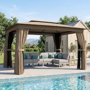 10' x 12' Outdoor Patio Gazebo with Double Roof, Khaki | Heavy Duty Gazebo Canopy Shelter, Curtains, Netting, Steel Frame, UPF30+ Protection, Ceiling Hooks, Lawn Backyard Deck 10' x 12' Outdoor Patio Gazebo with Double Roof, Khaki | Heavy Duty Gazebo Canopy Shelter, Curtains, Netting, Steel Frame, UPF30+ Protection, Ceiling Hooks, Lawn Backyard Deck