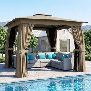 10' x 10' Outdoor Patio Gazebo with Double Roof, Khaki | Heavy Duty Gazebo Canopy Shelter, Curtains, Netting, Steel Frame, UPF30+ Protection, Ceiling Hook, Lawn Backyard Deck 10' x 10' Outdoor Patio Gazebo with Double Roof, Khaki | Heavy Duty Gazebo Canopy Shelter, Curtains, Netting, Steel Frame, UPF30+ Protection, Ceiling Hook, Lawn Backyard Deck