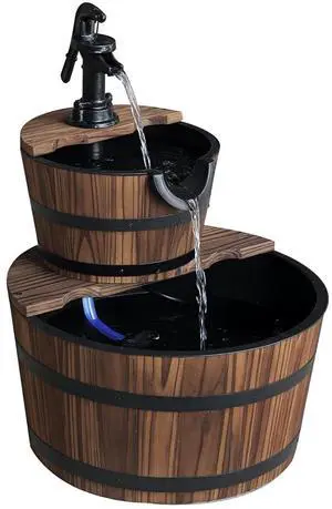 Wood Freestanding Fountain, Outdoor Water 2 Tier Waterfall Barrel | Electric Pump, Garden Decor, Lawn, Backyard Wood Freestanding Fountain, Outdoor Water 2 Tier Waterfall Barrel | Electric Pump, Garden Decor, Lawn, Backyard