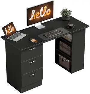 Computer Desk with Drawers, 47" Home Office Desk with Storage, Black | 3-Tier Shelves, 3 Reversible Drawers, Study Table, for Bedroom Computer Desk with Drawers, 47" Home Office Desk with Storage, Black | 3-Tier Shelves, 3 Reversible Drawers, Study Table, for Bedroom
