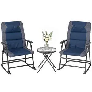 3 Piece Outdoor Patio Furniture Set Glass Coffee Table Navy Blue | 2 Folding Padded Rocking Chairs, Bistro Style, Porch, Camping, Balcony 3 Piece Outdoor Patio Furniture Set Glass Coffee Table Navy Blue | 2 Folding Padded Rocking Chairs, Bistro Style, Porch, Camping, Balcony