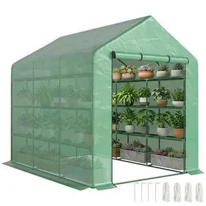 8' x 6' x 7' Walk-in Greenhouse PE Cover 4-Tier Shelves Green | Steel Frame Hot House, Roll-Up Zipper Door, for Flowers, Vegetables, Saplings, Tropical Plants 8' x 6' x 7' Walk-in Greenhouse PE Cover 4-Tier Shelves Green | Steel Frame Hot House, Roll-Up Zipper Door, for Flowers, Vegetables, Saplings, Tropical Plants