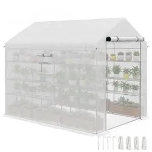 8' x 6' x 7' Walk-in Greenhouse PE Cover 4-Tier Shelves White | Steel Frame Hot House, Roll-Up Zipper Door, for Flowers, Vegetables, Saplings, Tropical Plants 8' x 6' x 7' Walk-in Greenhouse PE Cover 4-Tier Shelves White | Steel Frame Hot House, Roll-Up Zipper Door, for Flowers, Vegetables, Saplings, Tropical Plants