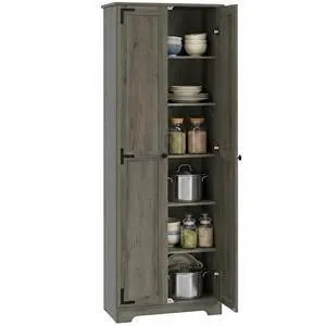 67" Farmhouse Pantry Cabinet Storage Cupboard Distressed Gray | Freestanding Kitchen Pantry Storage Cabinet, Recessed Doors, Adjustable Shelves 67" Farmhouse Pantry Cabinet Storage Cupboard Distressed Gray | Freestanding Kitchen Pantry Storage Cabinet, Recessed Doors, Adjustable Shelves