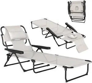 Tanning Chaise Lounge Chair 4-Position Beach Chair Cream White | Face & Arm Holes, Pillow Headrest, Adjustable, Sunbathing Tanning Chaise Lounge Chair 4-Position Beach Chair Cream White | Face & Arm Holes, Pillow Headrest, Adjustable, Sunbathing