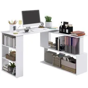47 Inch L Shaped Desk, Home Office Table, 360 Degree Rotating, White | Corner Computer Desk, with Storage Shelves, Writing Table Workstation 47 Inch L Shaped Desk, Home Office Table, 360 Degree Rotating, White | Corner Computer Desk, with Storage Shelves, Writing Table Workstation