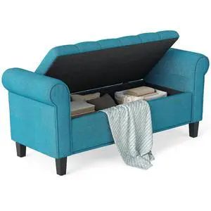 Storage Ottoman Bench 50" with Lift Top Lid, Teal | Button Tufted Upholstered, Rolled Arms, Snow Flannel Fabric End of Bed Bench for Bedroom Entryway Living Room, 485 lbs Storage Ottoman Bench 50" with Lift Top Lid, Teal | Button Tufted Upholstered, Rolled Arms, Snow Flannel Fabric End of Bed Bench for Bedroom Entryway Living Room, 485 lbs
